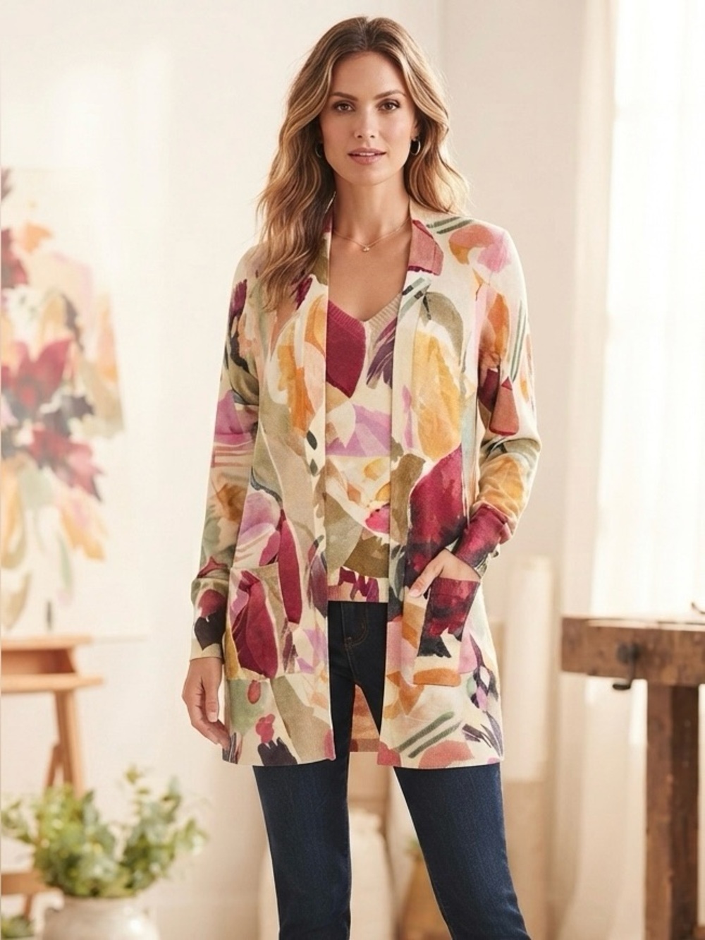 CHICO’S Floral Open-Front Cardigan & Tank Set Size Medium